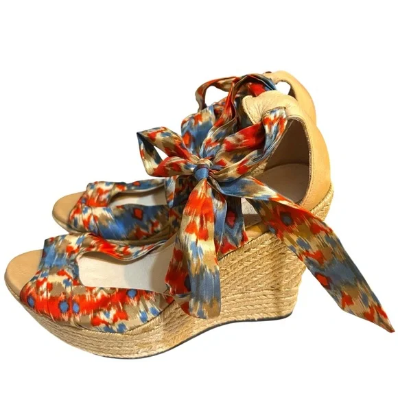 UGG Australia wedges Luciana espadrille orange blue silk ankle wrap heels size 8 - Picture 3 of 12